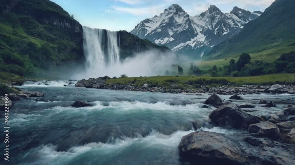 Scenic river flowing towards a majestic waterfall with snow-capped mountains in the distance,video Scenic river flowing towards a majestic waterfall with snow-capped mountains in the distance,video