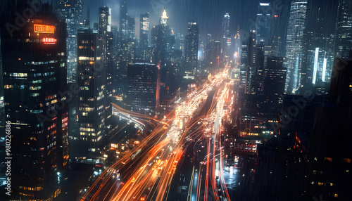 A bustling city at night, with skyscrapers illuminated and traffic creating streaks of light