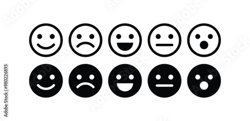 set of smile face cartoon icon vector design black white outline and black fill illustration isolated