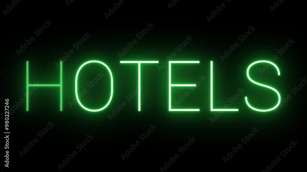 Flickering neon green glowing hotels text animated on black background Flickering neon green glowing hotels text animated on black background