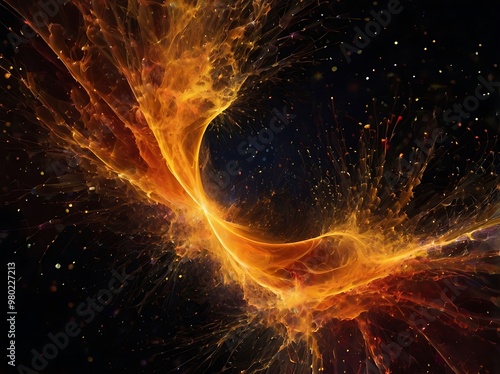 Fire like abstract background illustration of orange waves on black background, fractal flowing lights