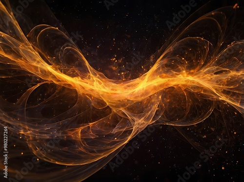 Fire like abstract background illustration of orange waves on black background, fractal flowing lights