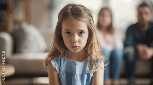 Sad child in focus with parents blurred in the background.
