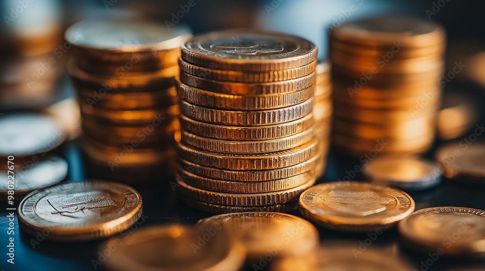 A pile of gold coins on a table. The coins are stacked on top of each other, creating a sense of wealth and abundance A pile of gold coins on a table. The coins are stacked on top of each other, creating a sense of wealth and abundance