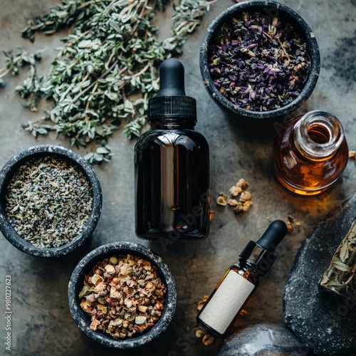 Close-up of natural biohacking tools, including herbal tinctures, essential oils, and earth-based materials, blending tradition with modernity photo