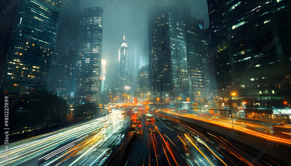 Obraz premium A bustling city at night, with skyscrapers illuminated and traffic creating streaks of light