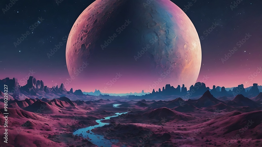 Space illustration background of a planet view in pink sky theme, view from surface of a planet with mountains and hills on horizon Space illustration background of a planet view in pink sky theme, view from surface of a planet with mountains and hills on horizon