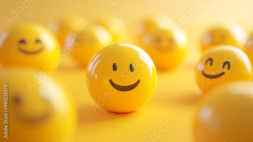 Celebrating World Smile Day with cheerful yellow smiley faces on a bright yellow background photo