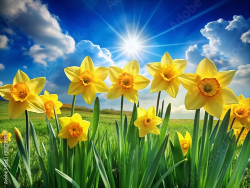 Vibrant yellow daffodils bloom in a lush green meadow, symbolizing hope and renewal, against a bright blue springtime sky at Easter.