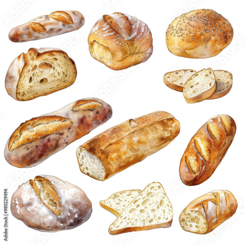 Watercolor baguettes, rolls, and loaves on white background, bakery bread