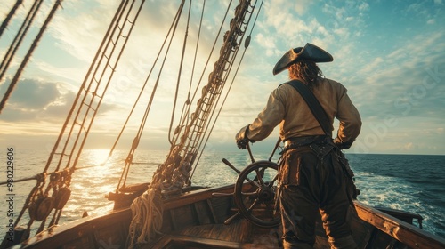 A pirate captain standing proudly at the helm of his ship, overlooking the ocean, ideal for dramatic stock images representing leadership or adventure photo