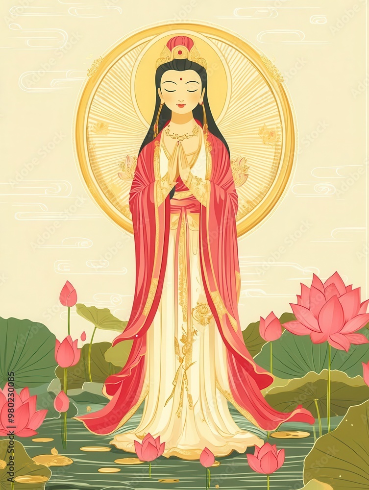 Guan Yin, Goddess of Mercy design in flat design, front view, lotus pond theme, animation, vivid Guan Yin, Goddess of Mercy design in flat design, front view, lotus pond theme, animation, vivid