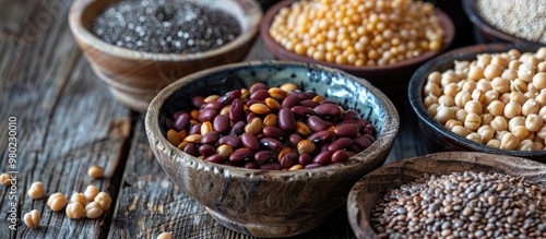 Organic Superfood Concept With Raw Chick Peas Buckwheat Beans Rice Chia And Flax Seeds On Wooden Background