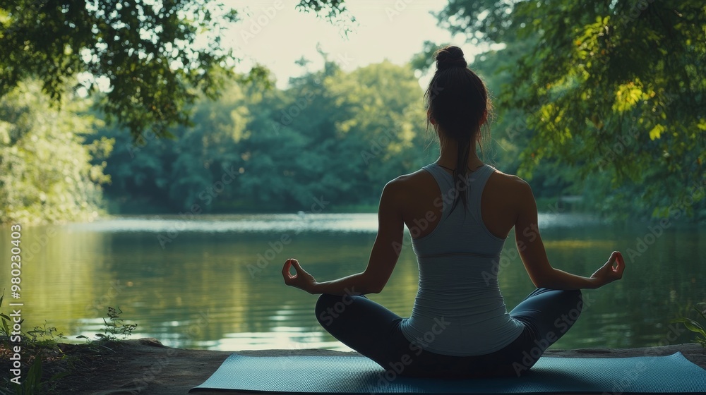 Fototapeta premium 47. A serene scene of a young woman in fitwear sitting in lotus position on a yoga mat, meditating near a tranquil lake in a lush green park, with clear copy space