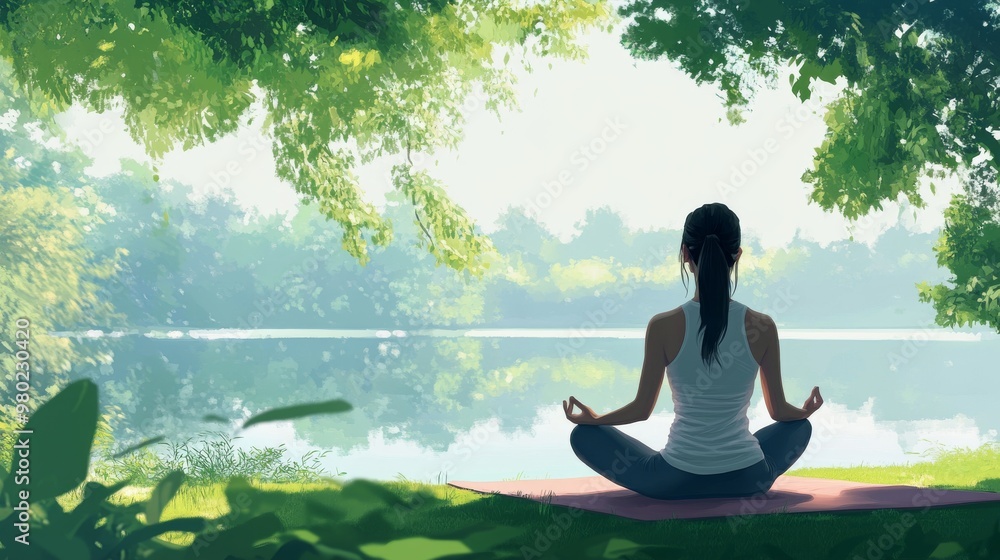 Fototapeta premium 47. A serene scene of a young woman in fitwear sitting in lotus position on a yoga mat, meditating near a tranquil lake in a lush green park, with clear copy space