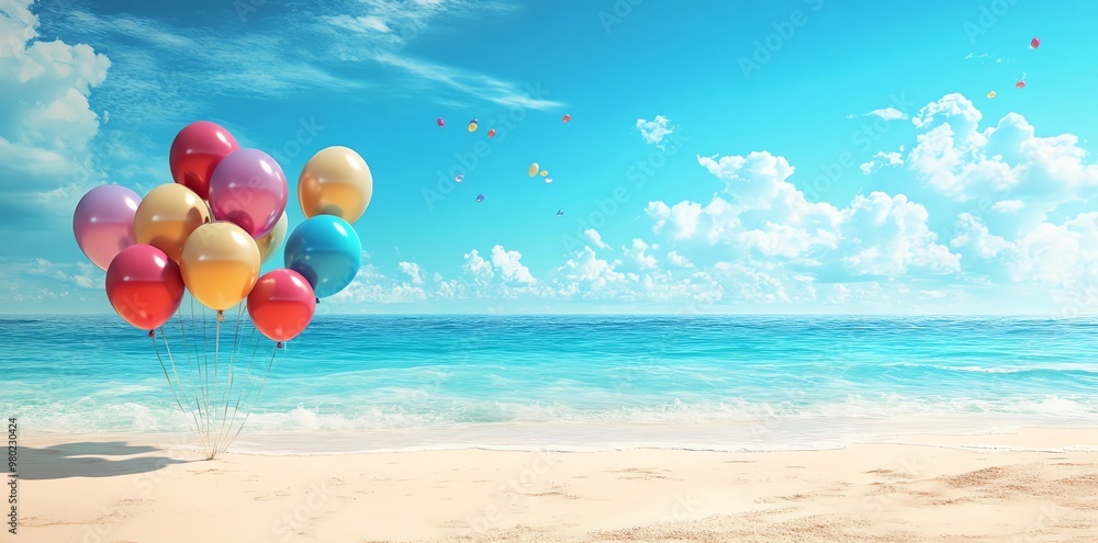 Fototapeta premium Colorful balloons floating in the blue sky above a sandy beach and ocean.