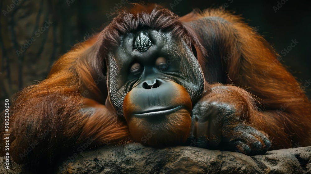 Obraz premium A peaceful orangutan resting with its hand on a stone, in the foreground of a natural environment.