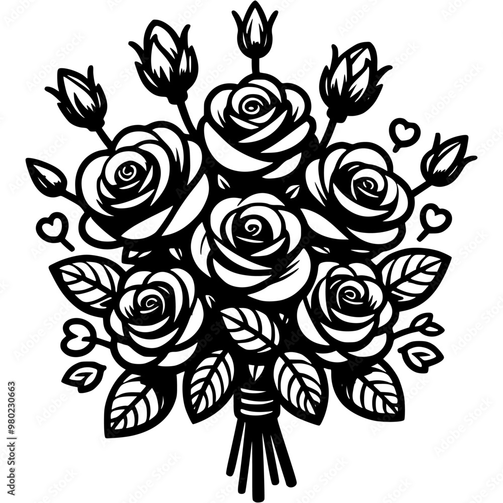 Holiday gift bouquet of roses in monochrome. Simple minimalistic vector in black ink drawing on transparent background Holiday gift bouquet of roses in monochrome. Simple minimalistic vector in black ink drawing on transparent background