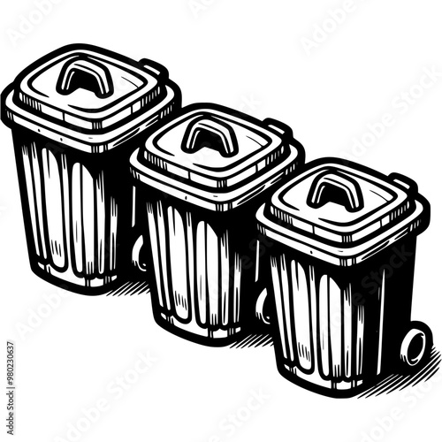 Waste bins for waste sorting in monochrome. Simple minimalistic vector in black ink drawing on transparent background