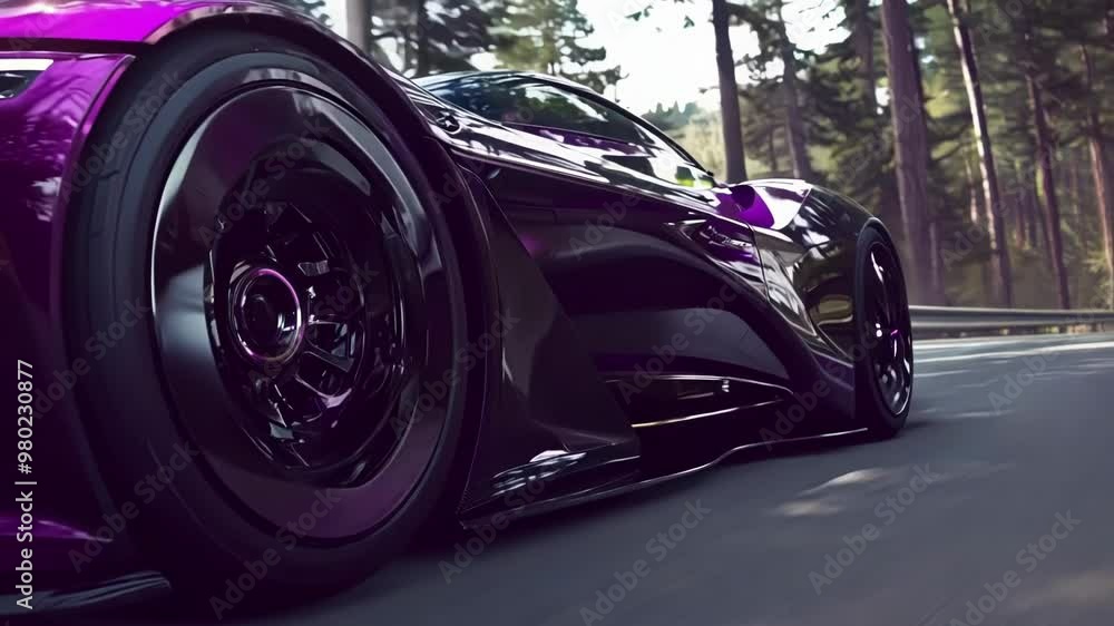 Sleek purple sports car speeds through a forest road, exuding luxury and power on a sunny summer day Sleek purple sports car speeds through a forest road, exuding luxury and power on a sunny summer day
