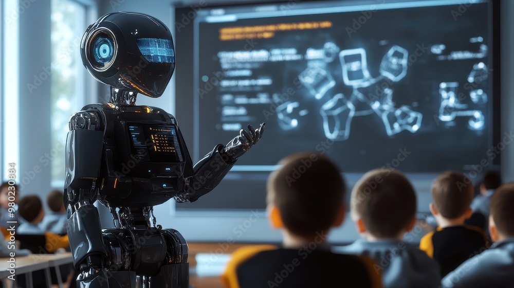 Robot Teacher Instructing Students In Futuristic Classroom Robot Teacher Instructing Students In Futuristic Classroom