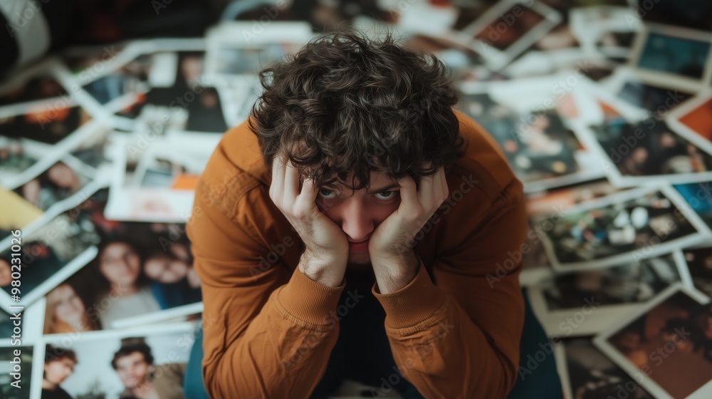 Contemplation amidst memories: man surrounded by personal photographs for nostalgic reflection and storytelling Contemplation amidst memories: man surrounded by personal photographs for nostalgic reflection and storytelling
