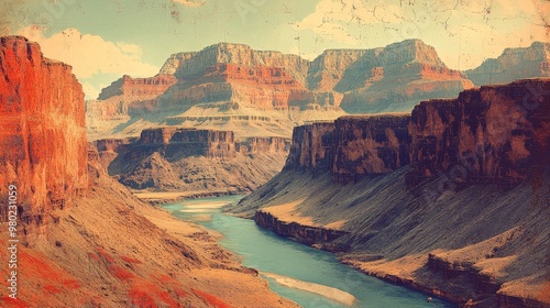 Grand Canyon landscape, with the Colorado River slicing through, in vintage postcard style, faded colors and grainy texture, reminiscent of 1950s travel art, Vintage, Illustration