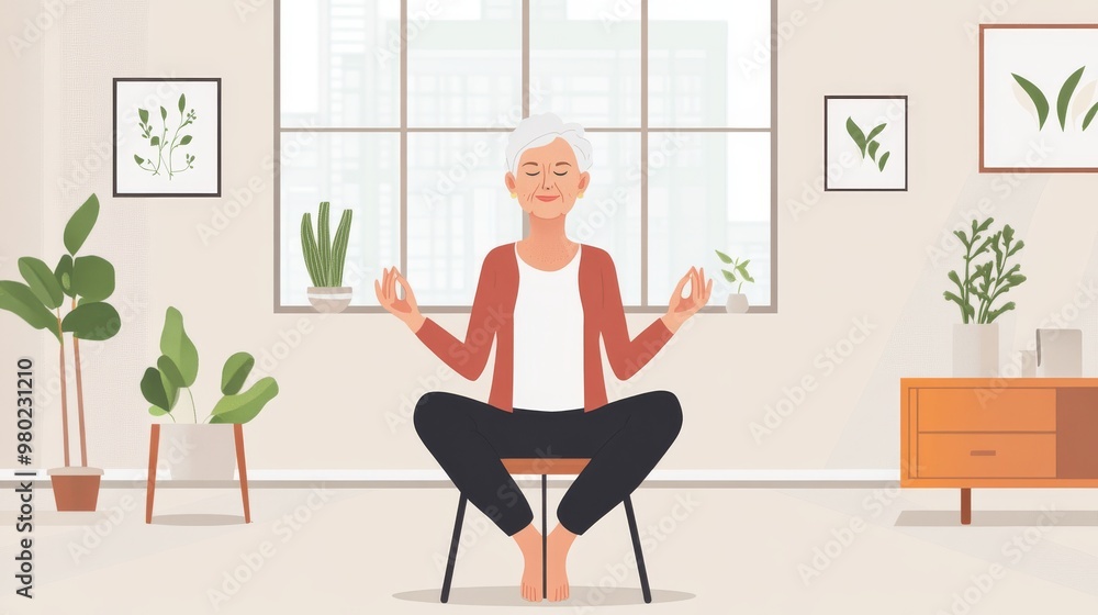 69. An older caucasian woman practicing yoga at home, seated on a chair, illustrating a calm and adaptive yoga routine in a warm and inviting space 69. An older caucasian woman practicing yoga at home, seated on a chair, illustrating a calm and adaptive yoga routine in a warm and inviting space
