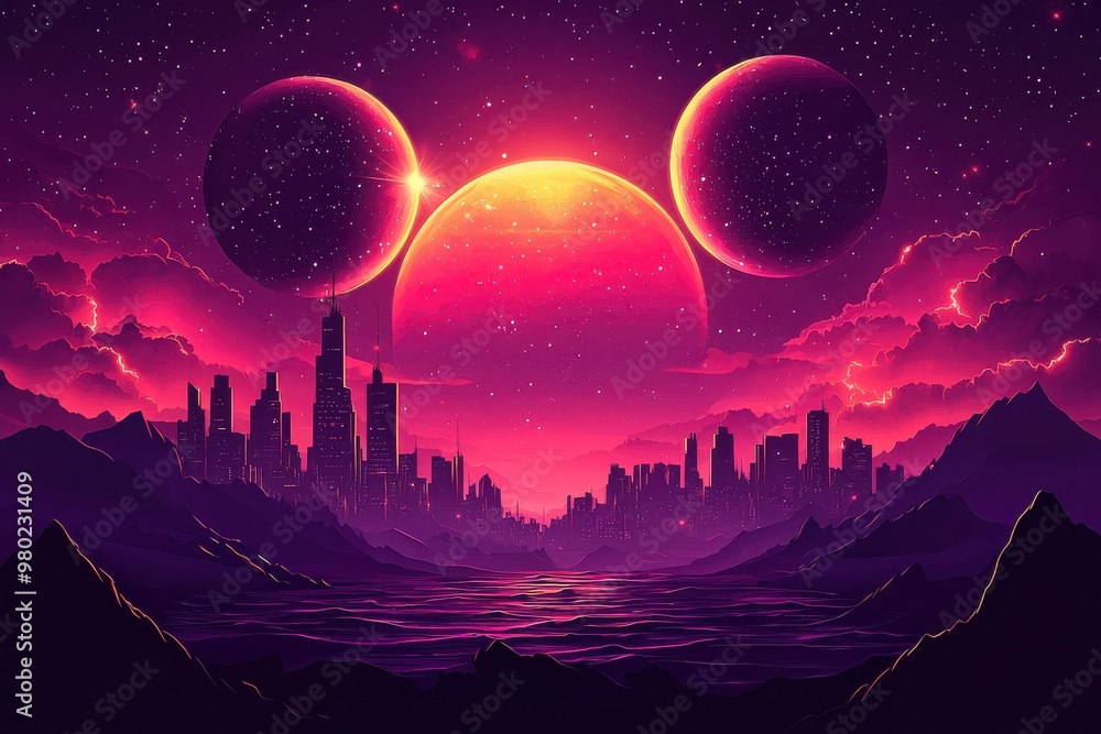 Futuristic alien landscape with glowing moons and pink celestial skyline Futuristic alien landscape with glowing moons and pink celestial skyline