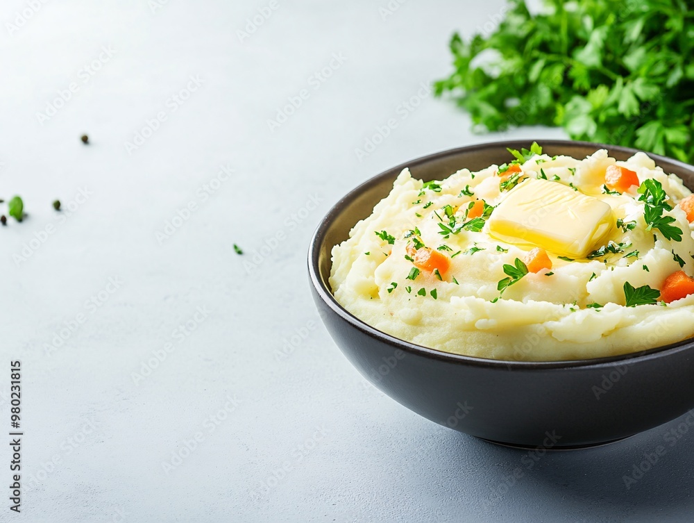 Mashed potatoes in bowl and coriander in the back Mashed potatoes in bowl and coriander in the back