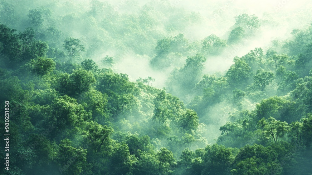 Bird's-eye view of vibrant green rainforest, fog weaving between tall trees, rich textures of leaves and branches, in soft pastel colors, Digital Watercolor, Atmospheric Bird's-eye view of vibrant green rainforest, fog weaving between tall trees, rich textures of leaves and branches, in soft pastel colors, Digital Watercolor, Atmospheric