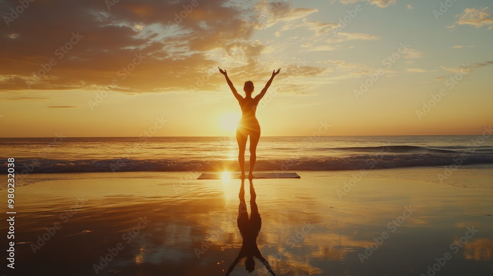 113. A serene image of a woman doing yoga on the beach at dusk, her silhouette stretching in a peaceful pose as the sun sets, casting warm hues across the scene 113. A serene image of a woman doing yoga on the beach at dusk, her silhouette stretching in a peaceful pose as the sun sets, casting warm hues across the scene