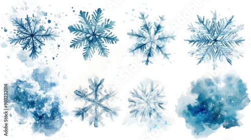 Delicate Winter Snowflakes on a Watercolor Blue Background