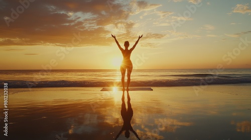 113. A serene image of a woman doing yoga on the beach at dusk, her silhouette stretching in a peaceful pose as the sun sets, casting warm hues across the scene