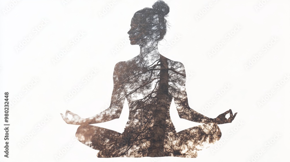 128. A striking double exposure illustration combining a woman in a yoga pose with a trees silhouette, creating a seamless blend on a white background 128. A striking double exposure illustration combining a woman in a yoga pose with a trees silhouette, creating a seamless blend on a white background