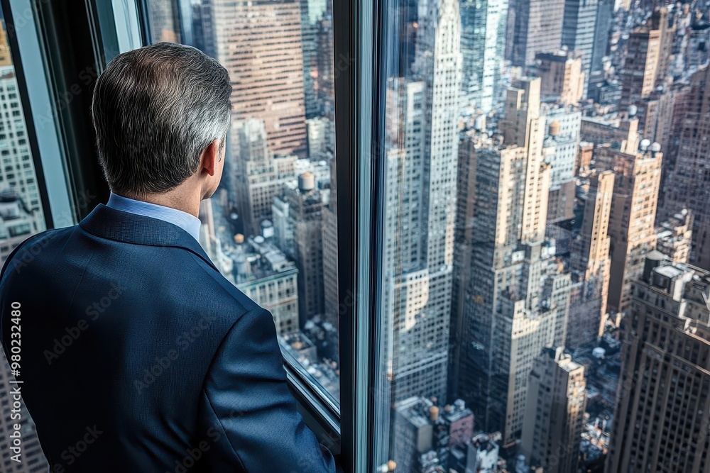 A businessman gazes out at the sprawling cityscape from a high-rise window, embodying ambition and urban life. A businessman gazes out at the sprawling cityscape from a high-rise window, embodying ambition and urban life.