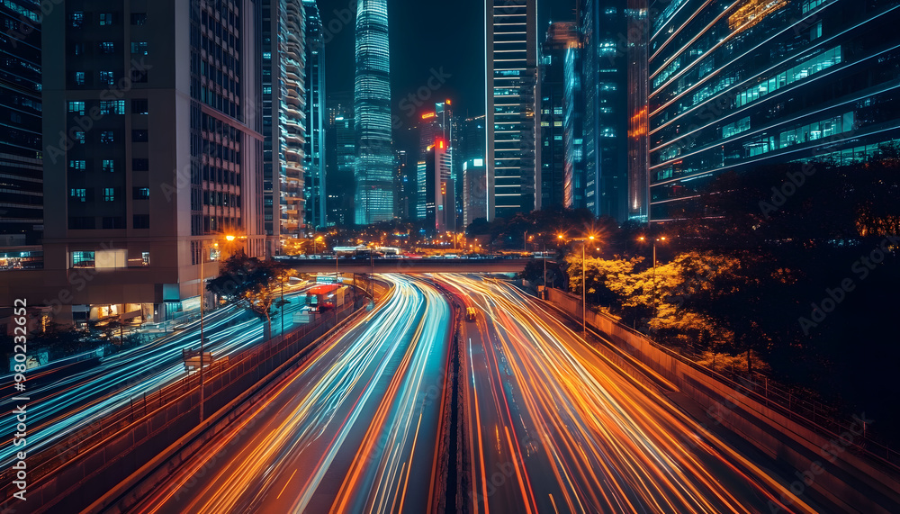 Naklejka premium A bustling city at night, with skyscrapers illuminated and traffic creating streaks of light
