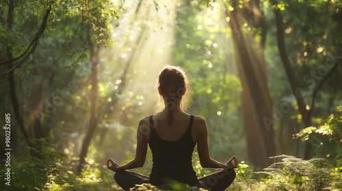 7. A tranquil forest scene showing the back of a woman practicing meditation yoga, with sun rays filtering through the trees, symbolizing happiness, inner peace, and spiritual wellbeing