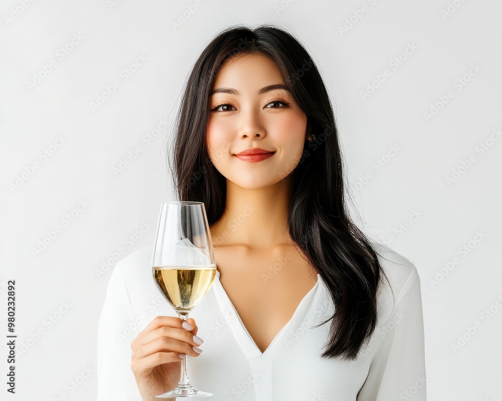 Confident Asian woman holding a wine glass, celebratory mood, clean white background, evening sophistication Confident Asian woman holding a wine glass, celebratory mood, clean white background, evening sophistication