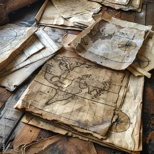 An array of vintage maps laid out on a rustic wooden table, each framed in a unique collarlike sleeve. The intricate patterns and fonts on the aged paper create a beautiful display of art photo