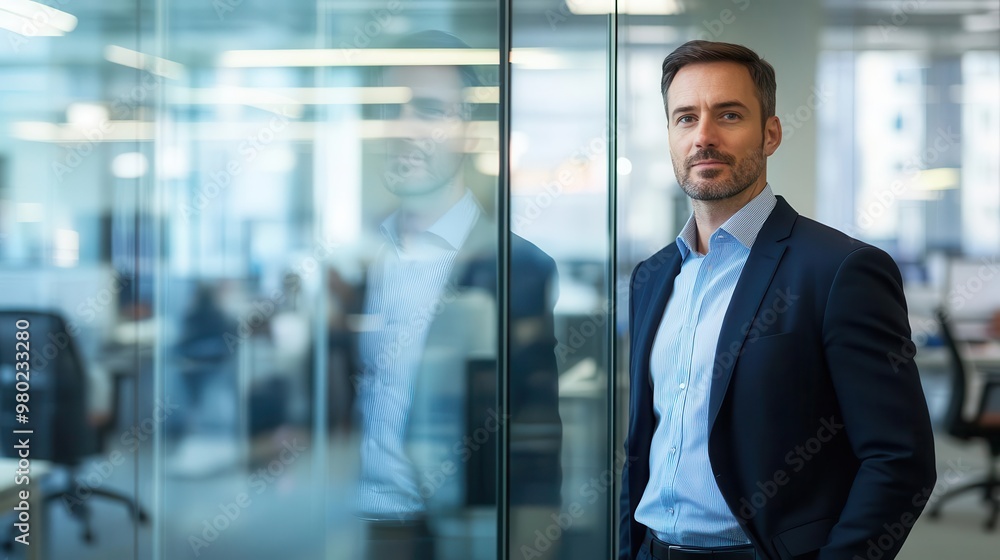 Confident business professional standing in modern office with glass partitions, showcasing a casual yet formal attitude. Confident business professional standing in modern office with glass partitions, showcasing a casual yet formal attitude.