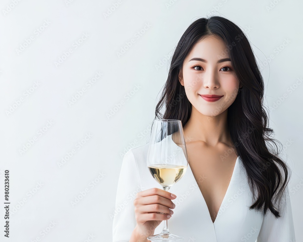 Confident Asian woman holding a wine glass, celebratory mood, clean white background, evening sophistication Confident Asian woman holding a wine glass, celebratory mood, clean white background, evening sophistication