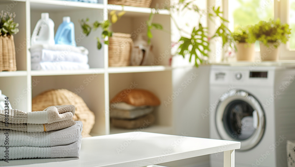 Bright and airy laundry room with neatly folded stack of towels on white table Bright and airy laundry room with neatly folded stack of towels on white table