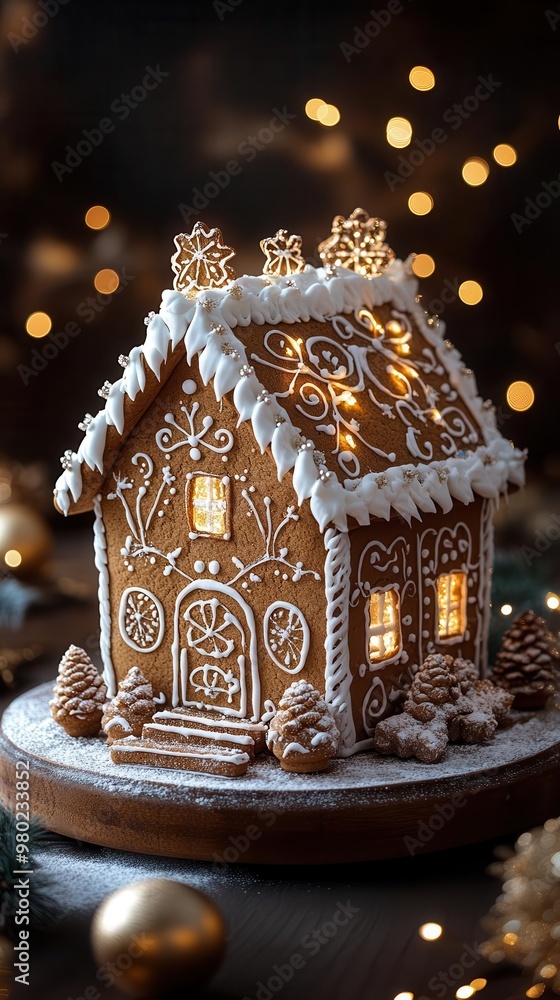 charming gingerbread house with intricate icing details warm glow of golden lights in background festive holiday ambiance charming gingerbread house with intricate icing details warm glow of golden lights in background festive holiday ambiance
