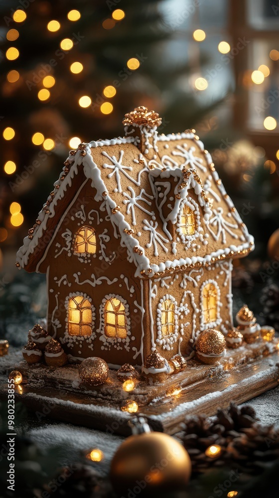 charming gingerbread house with intricate icing details warm glow of golden lights in background festive holiday ambiance charming gingerbread house with intricate icing details warm glow of golden lights in background festive holiday ambiance