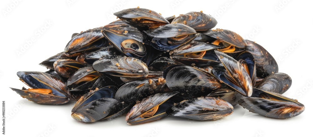 Pile Of Cooked Mussels Over White Background Pile Of Cooked Mussels Over White Background