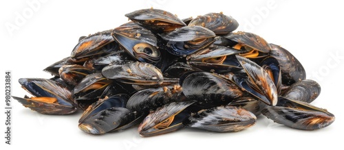 Pile Of Cooked Mussels Over White Background