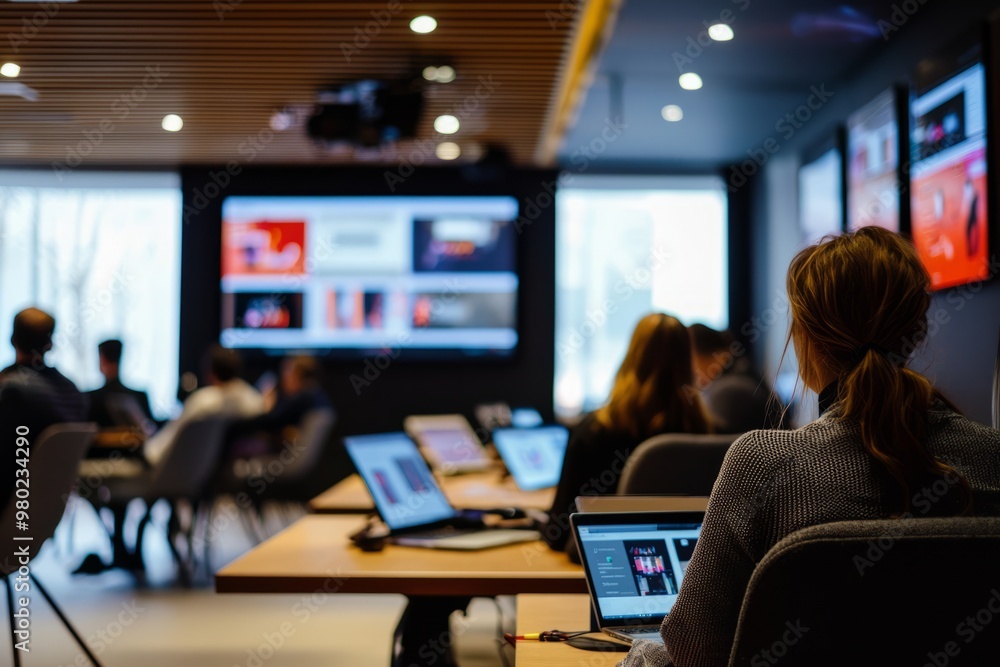 A Seminar Room At A Digital Transformation Event With A Focus On Digital Marketing Strategies. Participants