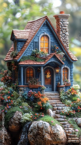 charming miniature cottage with whimsical details isolated on white storybookstyle architecture vibrant colors and intricate features create magical fairytale atmosphere photo