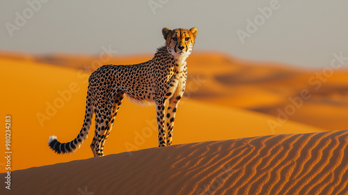 A cheetah standing proudly on a vast desert, its sleek body and spotted fur contrasting against the golden sand, with a clear sky above photo